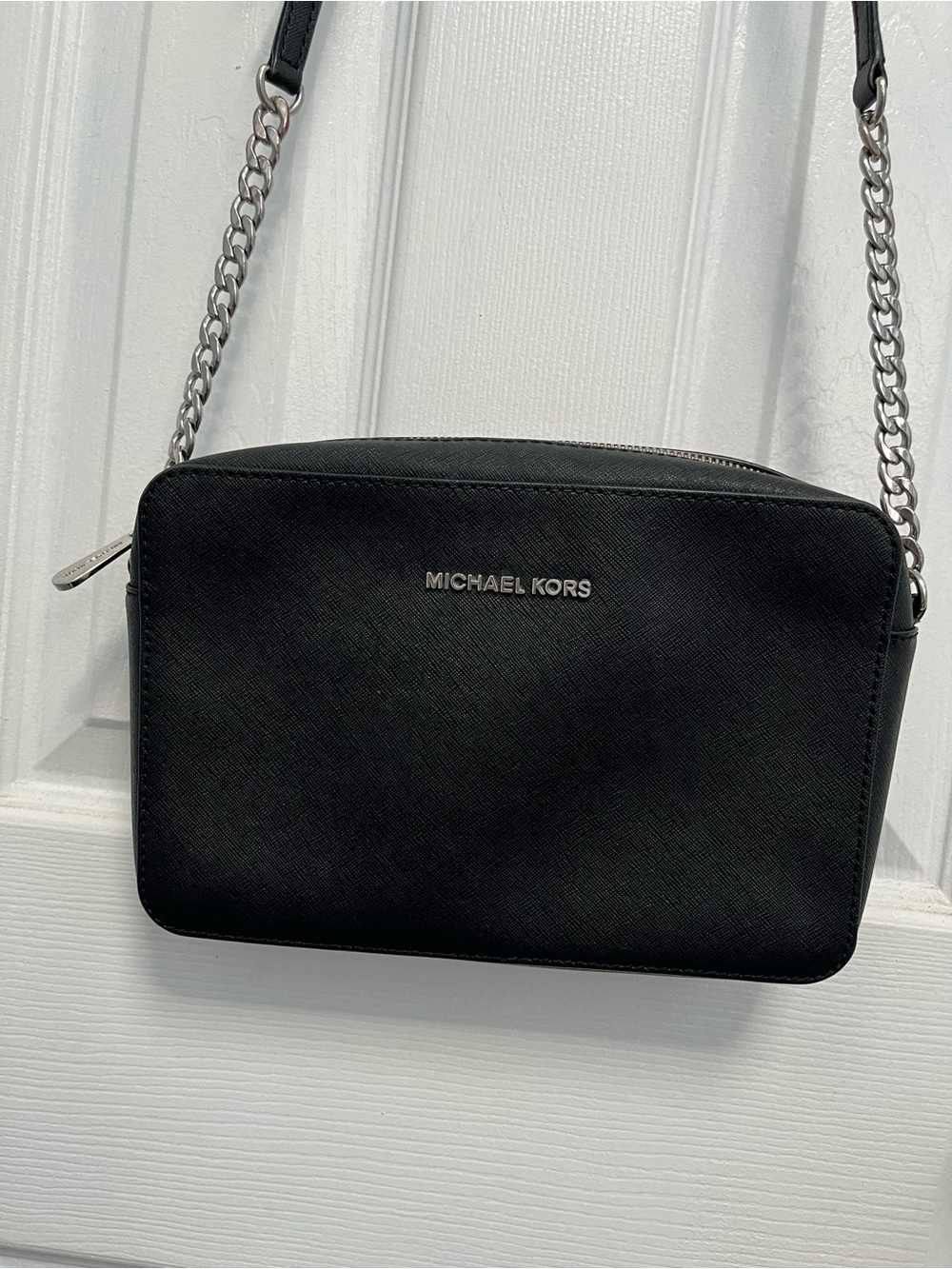 Michael Kors Jet Set Large Black Saffiano Leather Crossbody bag Silver Hardware